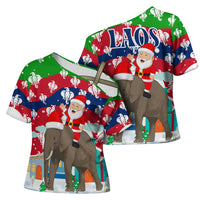 Laos Christmas Cross Shoulder Shirt with Santa Riding Elephant and Festive Flag Pattern - Wonder Print Shop