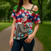 Laos Christmas Cross Shoulder Shirt with Santa Riding Elephant and Festive Flag Pattern - Wonder Print Shop