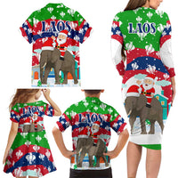 Laos Christmas Family Matching Long Sleeve Bodycon Dress and Hawaiian Shirt with Santa Riding Elephant and Festive Flag Pattern - Wonder Print Shop