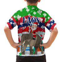Laos Christmas Family Matching Off The Shoulder Long Sleeve Dress and Hawaiian Shirt with Santa Riding Elephant and Festive Flag Pattern - Wonder Print Shop