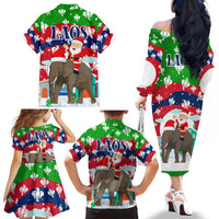 Laos Christmas Family Matching Off The Shoulder Long Sleeve Dress and Hawaiian Shirt with Santa Riding Elephant and Festive Flag Pattern - Wonder Print Shop
