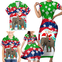 Laos Christmas Family Matching Short Sleeve Bodycon Dress and Hawaiian Shirt with Santa Riding Elephant and Festive Flag Pattern - Wonder Print Shop