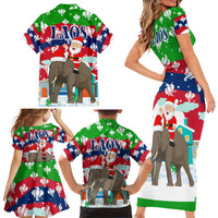 Laos Christmas Family Matching Short Sleeve Bodycon Dress and Hawaiian Shirt with Santa Riding Elephant and Festive Flag Pattern - Wonder Print Shop