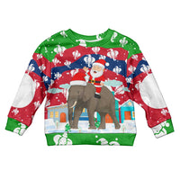 Laos Christmas Kid Ugly Christmas Sweater with Santa Riding Elephant and Festive Flag Pattern - Wonder Print Shop