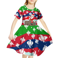 Laos Christmas Kid Short Sleeve Dress with Santa Riding Elephant and Festive Flag Pattern - Wonder Print Shop