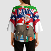 Laos Christmas Kimono Sleeve Blouse with Santa Riding Elephant and Festive Flag Pattern - Wonder Print Shop