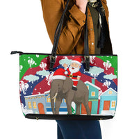 Laos Christmas Leather Tote Bag with Santa Riding Elephant and Festive Flag Pattern - Wonder Print Shop
