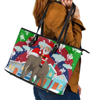 Laos Christmas Leather Tote Bag with Santa Riding Elephant and Festive Flag Pattern - Wonder Print Shop