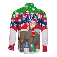 Laos Christmas Long Sleeve Button Shirt with Santa Riding Elephant and Festive Flag Pattern - Wonder Print Shop