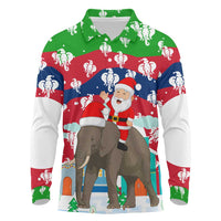 Laos Christmas Long Sleeve Polo Shirt with Santa Riding Elephant and Festive Flag Pattern - Wonder Print Shop