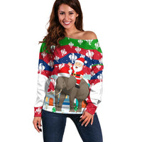 Laos Christmas Off Shoulder Sweater with Santa Riding Elephant and Festive Flag Pattern - Wonder Print Shop