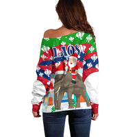 Laos Christmas Off Shoulder Sweater with Santa Riding Elephant and Festive Flag Pattern - Wonder Print Shop