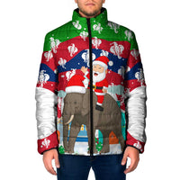 Laos Christmas Padded Jacket with Santa Riding Elephant and Festive Flag Pattern - Wonder Print Shop
