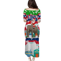 Laos Christmas Puletasi with Santa Riding Elephant and Festive Flag Pattern - Wonder Print Shop