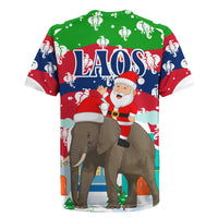 Laos Christmas Rugby Jersey with Santa Riding Elephant and Festive Flag Pattern - Wonder Print Shop