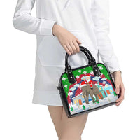Laos Christmas Shoulder Handbag with Santa Riding Elephant and Festive Flag Pattern - Wonder Print Shop