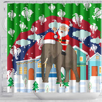 Laos Christmas Shower Curtain with Santa Riding Elephant and Festive Flag Pattern - Wonder Print Shop