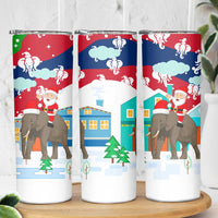 Laos Christmas Skinny Tumbler with Santa Riding Elephant and Festive Flag Pattern - Wonder Print Shop