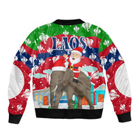 Laos Christmas Sleeve Zip Bomber Jacket with Santa Riding Elephant and Festive Flag Pattern - Wonder Print Shop