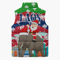 Laos Christmas Sleeveless Puffer Jacket with Santa Riding Elephant and Festive Flag Pattern - undefined