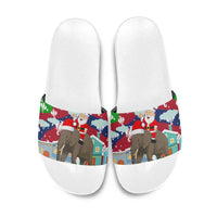 Laos Christmas Slide Sandals with Santa Riding Elephant and Festive Flag Pattern - Wonder Print Shop