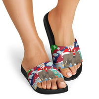 Laos Christmas Slide Sandals with Santa Riding Elephant and Festive Flag Pattern - Wonder Print Shop