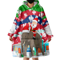 Laos Christmas Wearable Blanket Hoodie with Santa Riding Elephant and Festive Flag Pattern - Wonder Print Shop