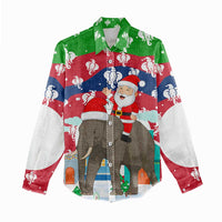 Laos Christmas Women Casual Shirt with Santa Riding Elephant and Festive Flag Pattern - Wonder Print Shop