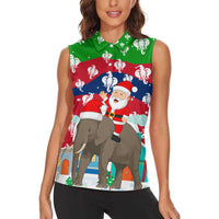 Laos Christmas Women Sleeveless Polo Shirt with Santa Riding Elephant and Festive Flag Pattern - Wonder Print Shop