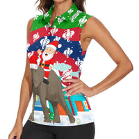 Laos Christmas Women Sleeveless Polo Shirt with Santa Riding Elephant and Festive Flag Pattern - Wonder Print Shop