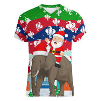 Laos Christmas Women V-Neck T-Shirt with Santa Riding Elephant and Festive Flag Pattern - Wonder Print Shop