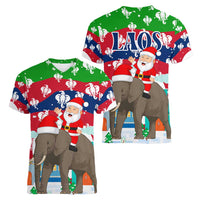 Laos Christmas Women V-Neck T-Shirt with Santa Riding Elephant and Festive Flag Pattern - Wonder Print Shop