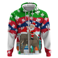 Laos Christmas Zip Hoodie with Santa Riding Elephant and Festive Flag Pattern - Wonder Print Shop