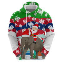 Laos Christmas Zip Hoodie with Santa Riding Elephant and Festive Flag Pattern - Wonder Print Shop