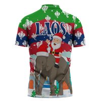 Laos Christmas Zipper Polo Shirt with Santa Riding Elephant and Festive Flag Pattern - Wonder Print Shop
