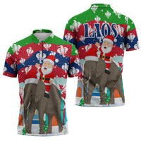 Laos Christmas Zipper Polo Shirt with Santa Riding Elephant and Festive Flag Pattern - Wonder Print Shop