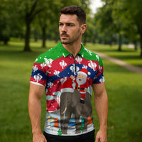 Laos Christmas Zipper Polo Shirt with Santa Riding Elephant and Festive Flag Pattern - Wonder Print Shop