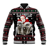 Latvia Christmas Baseball Jacket with Santa Claus and Wolves in Holiday Pattern Design - Wonder Print Shop