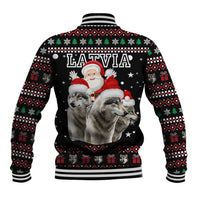 Latvia Christmas Baseball Jacket with Santa Claus and Wolves in Holiday Pattern Design - Wonder Print Shop