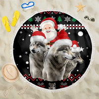 Latvia Christmas Beach Blanket with Santa Claus and Wolves in Holiday Pattern Design - Wonder Print Shop