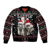 Latvia Christmas Bomber Jacket with Santa Claus and Wolves in Holiday Pattern Design - Wonder Print Shop