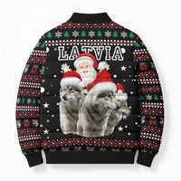 Latvia Christmas Bomber Puffer Jacket with Santa Claus and Wolves in Holiday Pattern Design - Wonder Print Shop