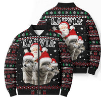 Latvia Christmas Bomber Puffer Jacket with Santa Claus and Wolves in Holiday Pattern Design - Wonder Print Shop