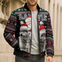 Latvia Christmas Bomber Puffer Jacket with Santa Claus and Wolves in Holiday Pattern Design - Wonder Print Shop