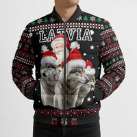 Latvia Christmas Bomber Puffer Jacket with Santa Claus and Wolves in Holiday Pattern Design - Wonder Print Shop
