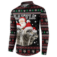 Latvia Christmas Button Sweatshirt with Santa Claus and Wolves in Holiday Pattern Design - Wonder Print Shop