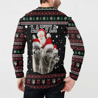 Latvia Christmas Button Sweatshirt with Santa Claus and Wolves in Holiday Pattern Design - Wonder Print Shop