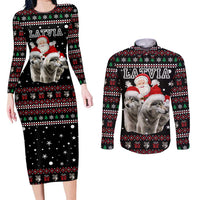 Latvia Christmas Couples Matching Long Sleeve Bodycon Dress and Long Sleeve Button Shirt with Santa Claus and Wolves in Holiday Pattern Design - Wonder Print Shop