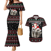Latvia Christmas Couples Matching Mermaid Dress and Hawaiian Shirt with Santa Claus and Wolves in Holiday Pattern Design - Wonder Print Shop