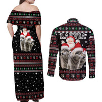 Latvia Christmas Couples Matching Off Shoulder Maxi Dress and Long Sleeve Button Shirt with Santa Claus and Wolves in Holiday Pattern Design - Wonder Print Shop